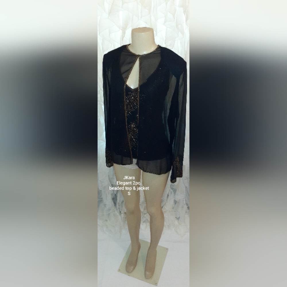 JKara Black Beaded 2pc Top & Jacket Vintage Inspired S